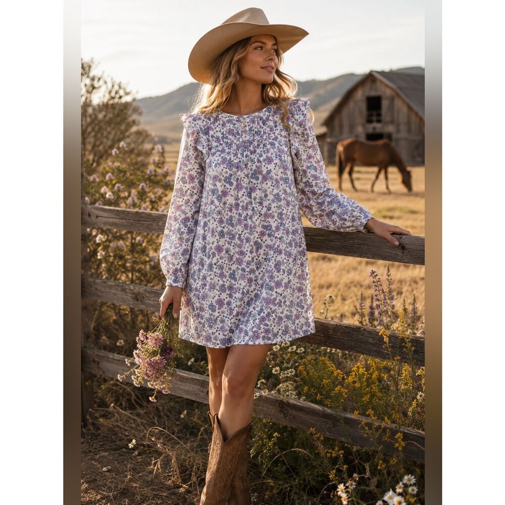 Modcloth Floral Prairie Doll Mini Dress Ruffle Shoulder Purple Blue L NWT